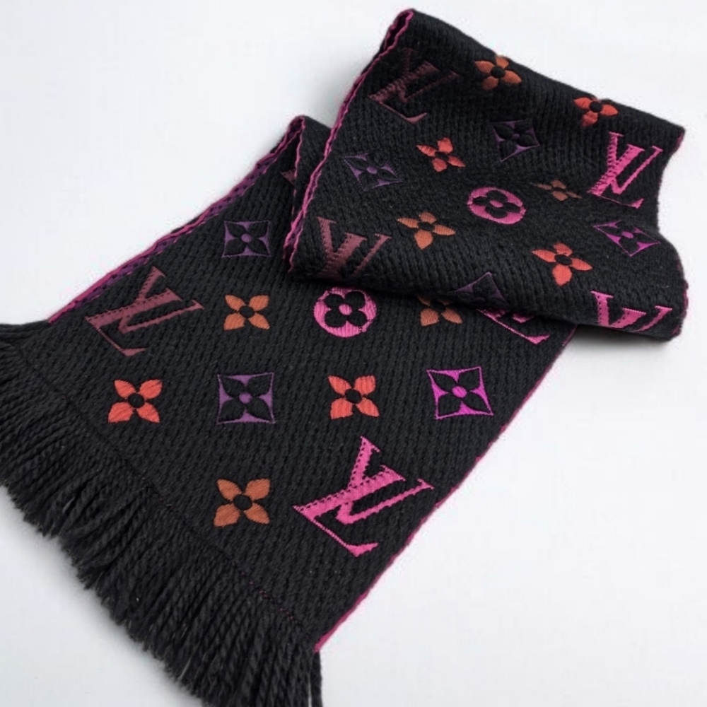 Louis Vuitton Echarpe Logomania Rainbow Wool Silk Scarf Black Pink